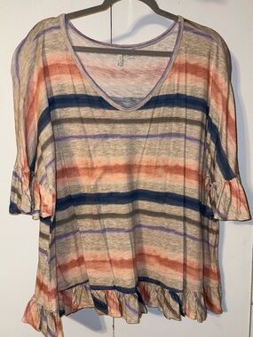 Cato Multi-Color Striped V-Neck Ruffle Hem Top